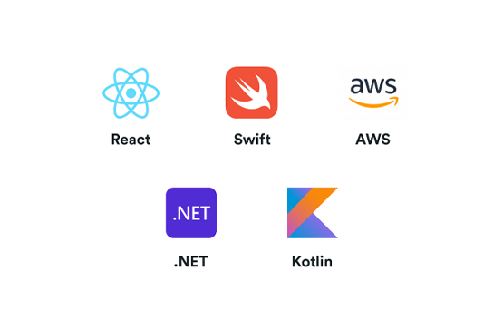 React, Swift, AWS, .NET and Kotlin logos
